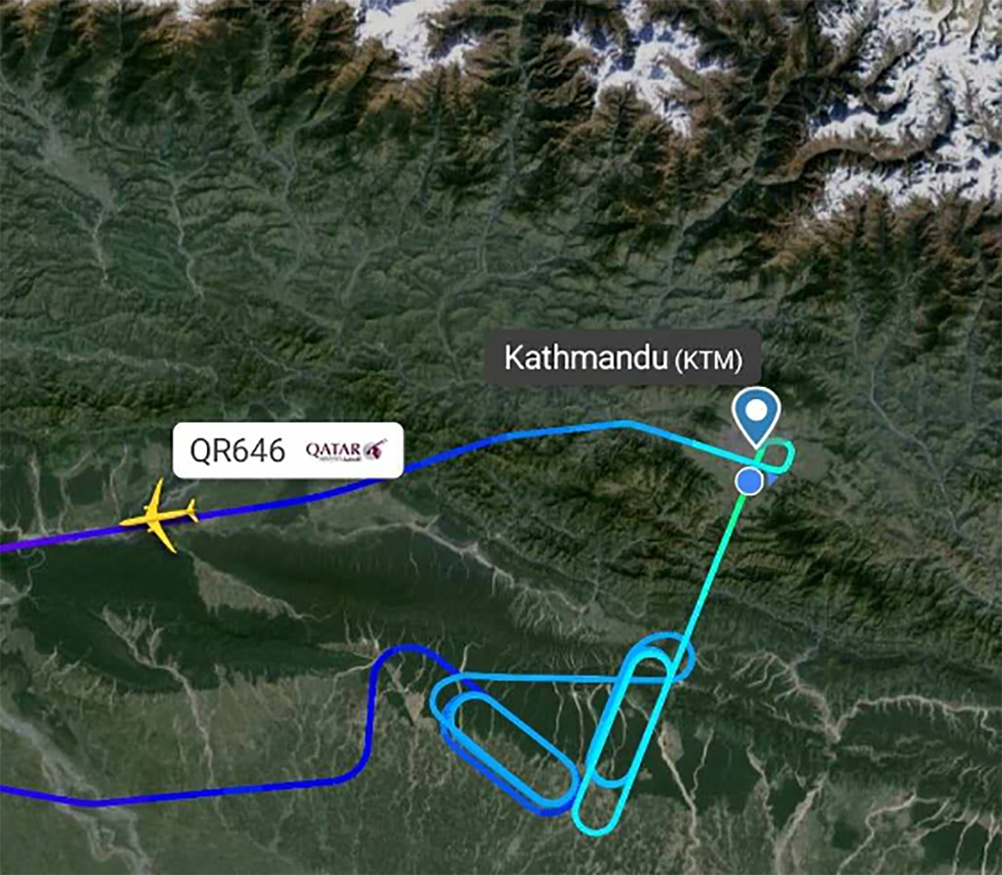 नेपाली आकाशमा १८ फन्को लगाएर कतार एयरको जहाज दिल्ली  डाइभर्ट