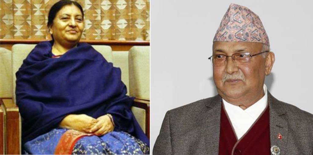 पार्टी कार्यालयमा भेट गर्दै पूर्व राष्ट्रपति भण्डारी र एमाले अध्यक्ष ओली