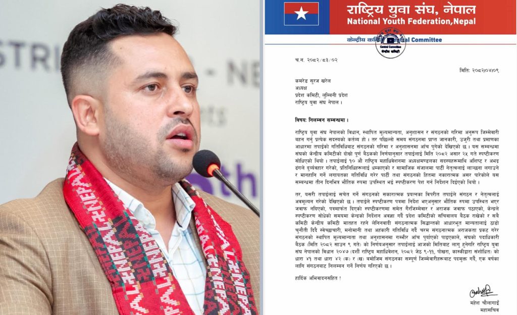 विद्या भण्डारी पक्षमा खुलेका युवा संघ लुम्बिनी अध्यक्ष खरेल निलम्बित