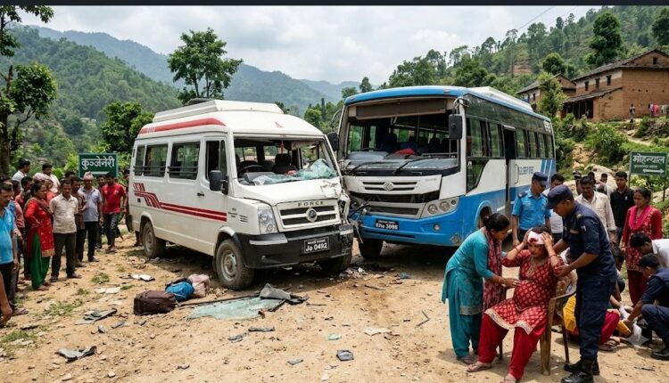 फोर्स गाडी र बस आपसमा ठोक्किँदा ७ जना घाइते, गर्भवतीको अवस्था गम्भीर