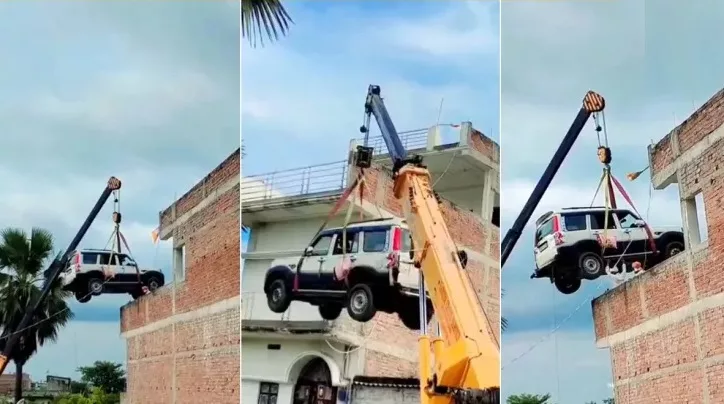 चोरी हुने डरले घरको छतमै स्कर्पियो पार्क, क्रेनको सहारामा उचालेर राखियो